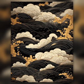 Malen nach Zahlen schwarze Wellen und weiße Wolken im japanischen Stil auf beigem Hintergrund