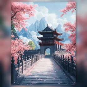 Malen nach Zahlen Steinbrücke und Pagode unter rosa Kirschbäumen