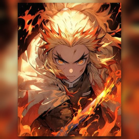 Malen nach Zahlen Kyojuro Rengoku mit Katana, umgeben von roten Flammen