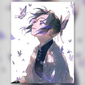Malen nach Zahlen Shinobu Kocho umgeben von violetten Schmetterlingen auf weißem Hintergrund