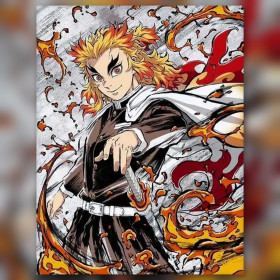 Malen nach Zahlen Kyojuro Rengoku mit Schwert und orangefarbenen Flammen auf grauem Hintergrund
