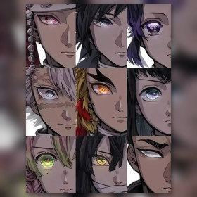 Malen nach Zahlen Raster mit neun Porträts der Säulen aus Demon Slayer auf weißem Hintergrund