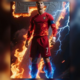 Malen nach Zahlen Cristiano Ronaldo im roten Portugal-Trikot mit Flammen und Blitzen