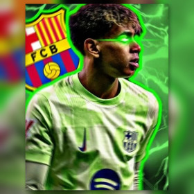 Malen nach Zahlen Lamine Yamal im Barcelona-Trikot, schwarzer Hintergrund mit grünen Blitzen