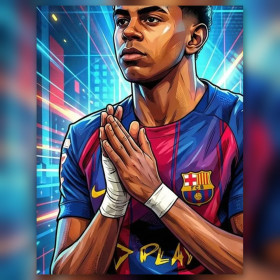 Malen nach Zahlen Lamine Yamal im Barça-Trikot im Neon-Comic-Stil