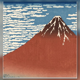 Malen nach Zahlen mit rotem Berg Fuji unter blauem Himmel