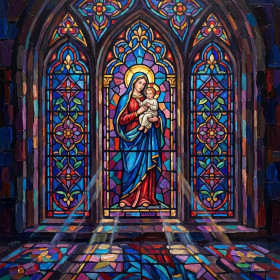 Malen nach Zahlen Jungfrau Maria mit Jesuskind als buntes gotisches Kirchenfenster