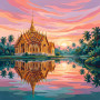 Malen nach Zahlen thailändischer goldener Tempel, der sich in der Dämmerung in einem See spiegelt