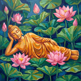 Malen nach Zahlen liegender Buddha umgeben von rosa Lotusblumen auf einem Teich