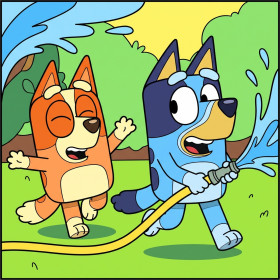 Malen nach Zahlen Bluey und Bingo spielen im Garten mit einem Gartenschlauch