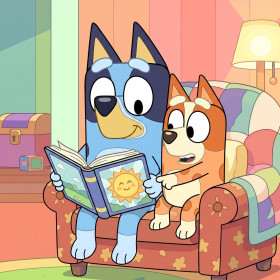 Malen nach Zahlen Bluey und Bingo lesen ein Buch auf einem roten Sofa