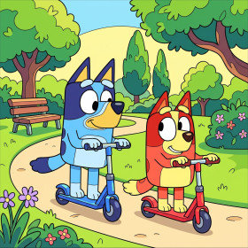 Malen nach Zahlen Bluey und Bingo auf Rollern in einem blühenden Park