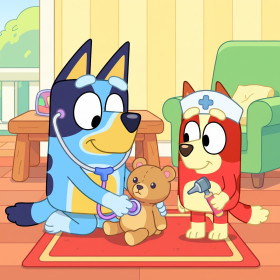 Malen nach Zahlen Bluey und Bingo kümmern sich um einen braunen Teddybären