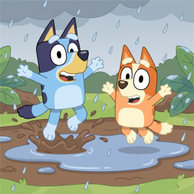 Malen nach Zahlen Bluey und Bingo springen in eine Schlammpfütze