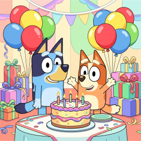 Malen nach Zahlen Bluey und Bingo vor einem Kuchen mit bunten Luftballons