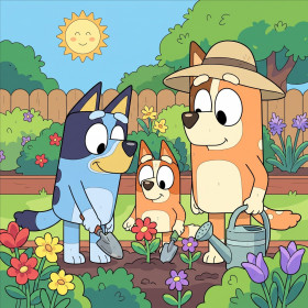 Malen nach Zahlen Bluey, Bingo und Bandit bei der Gartenarbeit zwischen Tulpen und Margeriten