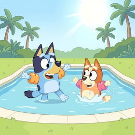 Malen nach Zahlen Bluey und Bingo spielen in einem Pool mit Palmen
