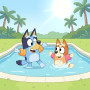 Malen nach Zahlen Bluey und Bingo spielen in einem Pool mit Palmen