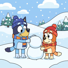 Malen nach Zahlen Bluey und Bingo bauen einen Schneemann im Schneefall