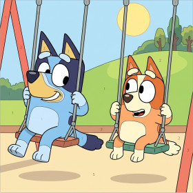 Malen nach Zahlen Bluey und Bingo auf Schaukeln in einem sonnigen Park