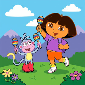 Malen nach Zahlen Dora und Boots spielen Maracas in einer blühenden Landschaft