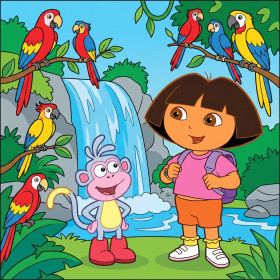Malen nach Zahlen Dora und Boots mit Papageien vor einem tropischen Wasserfall