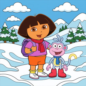 Malen nach Zahlen Dora und Boots wandern durch eine verschneite Berglandschaft