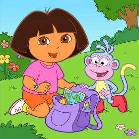 Malen nach Zahlen mit Dora und Boots auf einer Blumenwiese