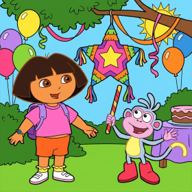 Malen nach Zahlen Dora und Boots vor einer bunten Stern-Piñata