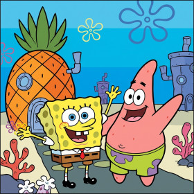 Malen nach Zahlen SpongeBob und Patrick vor dem Ananashaus unter Wasser
