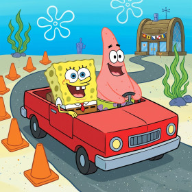 Malen nach Zahlen SpongeBob und Patrick in einem roten Cabrio