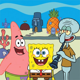 Malen nach Zahlen SpongeBob, Patrick und Thaddäus vor ihren Häusern unter Wasser