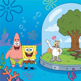 Malen nach Zahlen SpongeBob, Patrick und Sandy vor der Kuppel