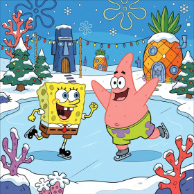 Malen nach Zahlen SpongeBob und Patrick beim Schlittschuhlaufen im Winter