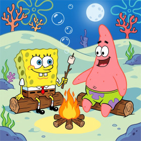 Malen nach Zahlen SpongeBob und Patrick an einem Lagerfeuer unter Wasser