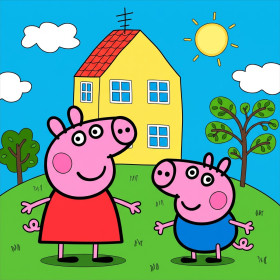 Malen nach Zahlen Peppa Wutz und Schorsch vor dem gelben Haus