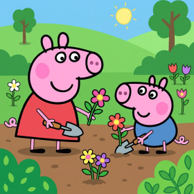 Malen nach Zahlen Peppa Wutz und Schorsch pflanzen Blumen im Garten