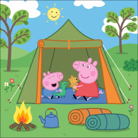 Malen nach Zahlen Peppa Wutz und Schorsch vor einem grünen Zelt beim Camping