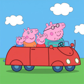 Malen nach Zahlen Peppa Wutz und Schorsch in einem roten Cabrio