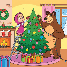 Malen nach Zahlen Mascha und der Bär schmücken einen grünen Weihnachtsbaum