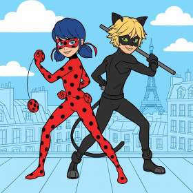 Malen nach Zahlen Ladybug und Cat Noir auf einem Dach in Paris