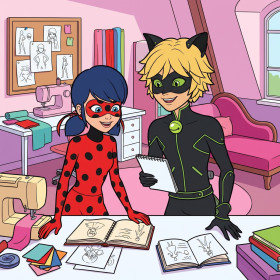 Malen nach Zahlen Ladybug und Cat Noir in einem rosa Nähatelier