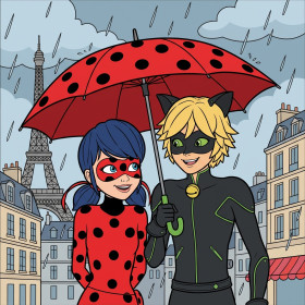 Malen nach Zahlen Ladybug und Cat Noir unter einem roten Regenschirm mit schwarzen Punkten