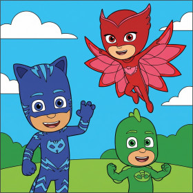 Malen nach Zahlen Catboy, Owlette und Gekko unter blauem Himmel