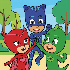 Malen nach Zahlen Catboy, Owlette und Gekko halten sich in einem Park an den Händen