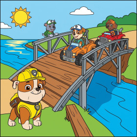 Malen nach Zahlen Rubble und sein Team auf einer Holzbrücke über einem Fluss