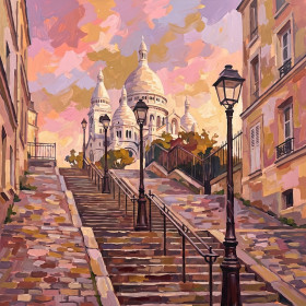 Malen nach Zahlen Treppen von Montmartre zur Sacré-Cœur unter farbenfrohem Himmel