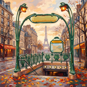 Malen nach Zahlen: Grüner Guimard-Metroeingang und Eiffelturm im Herbst