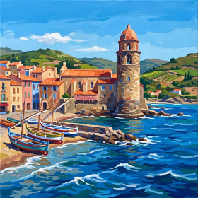 Malen nach Zahlen: Dorf Collioure mit Kirchturm und bunten Booten am Strand