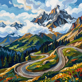 Malen nach Zahlen: Serpentinenstraße in einer Berglandschaft